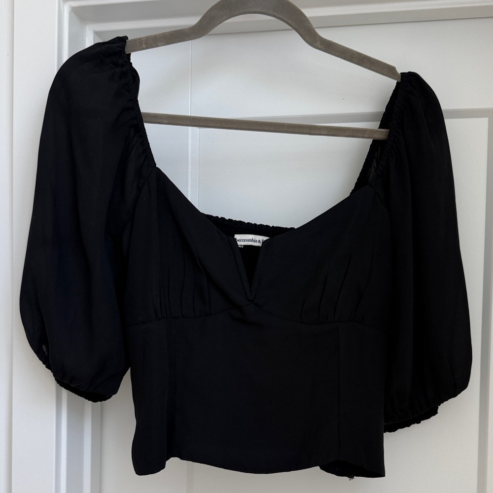 Abercrombie & Fitch Black Puff-Sleeve Square Neck Blouse